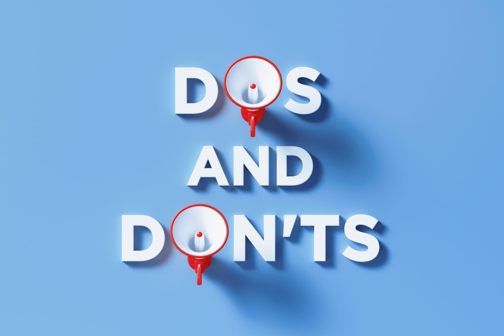 Blue background with the words dos and donts with megaphones as the o's