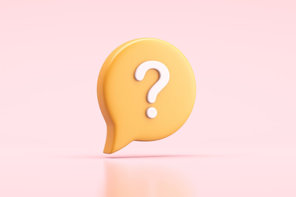 Pink background with orange speech mark with white question mark in it