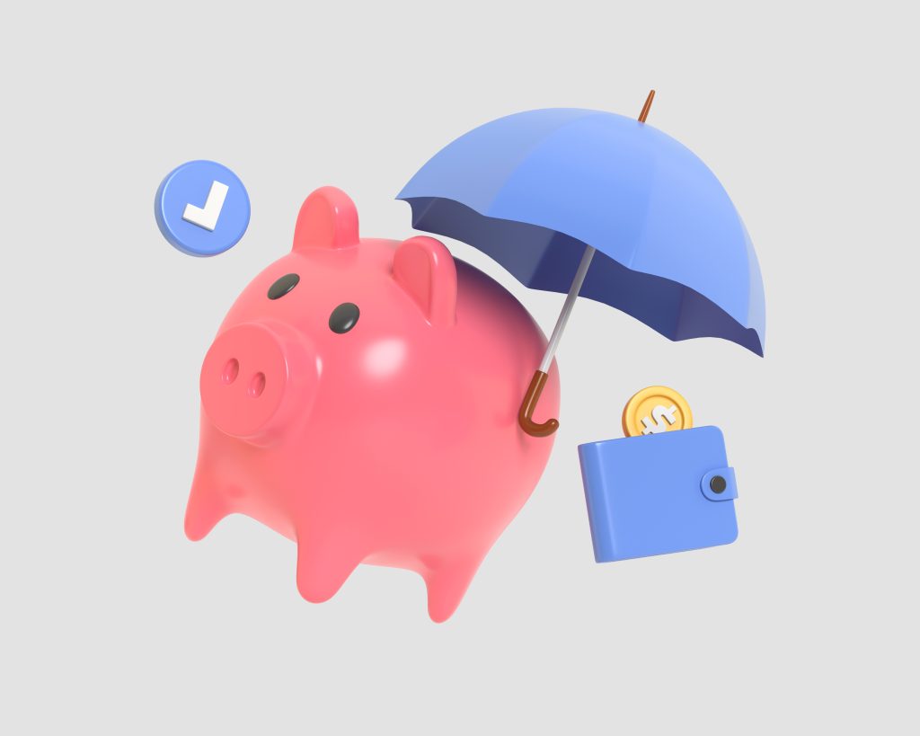 A piggy bank and wallet with a coin underneath an umbrella representing income protection insurance.
