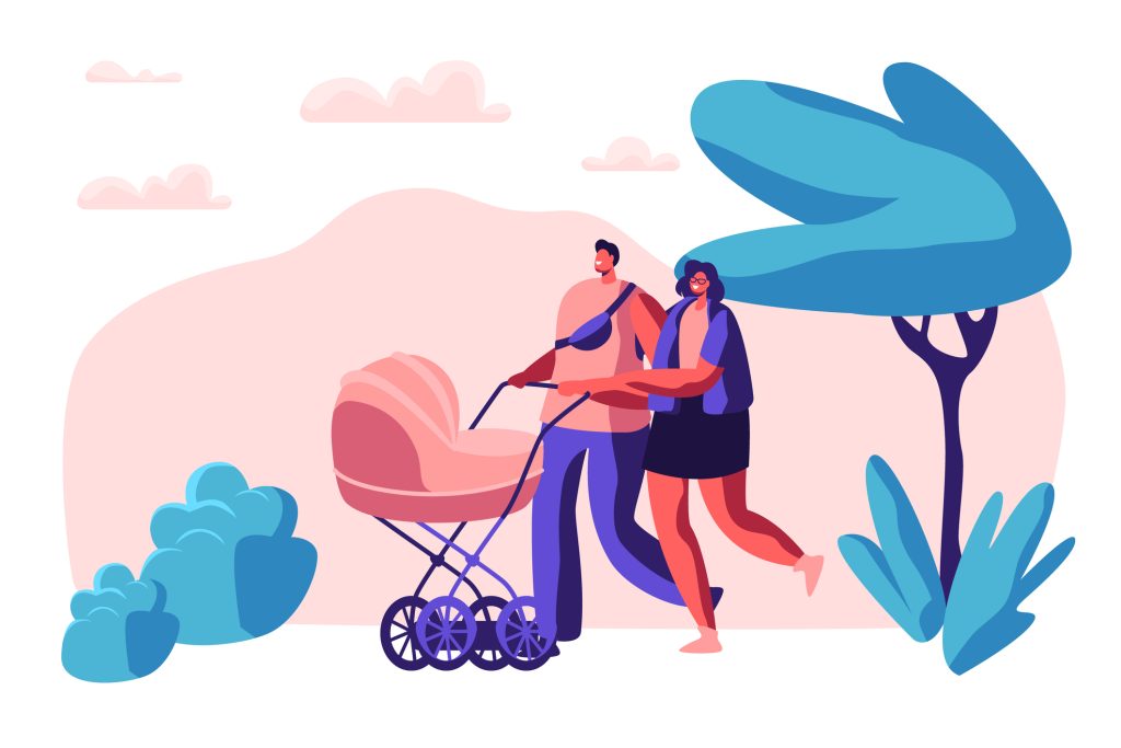 Family Walk with Baby Stroller in Park. Happy Mother and Father Together Walking with Newborn Kid. Parents Spend Leisure Time in Open Air with Child Pram. Flat Cartoon Vector Illustration