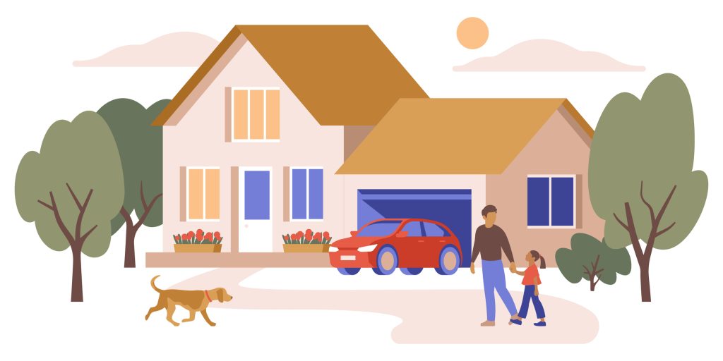 Illustration of a family house with a garage, red car, and trees. The banner concept of beautiful, cozy home. American dream vector graphic isolated. Father, daughter, and dog walk in the front yard.