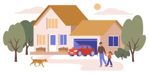 Illustration of a family house with a garage, red car, and trees. The banner concept of beautiful, cozy home. American dream vector graphic isolated. Father, daughter, and dog walk in the front yard.